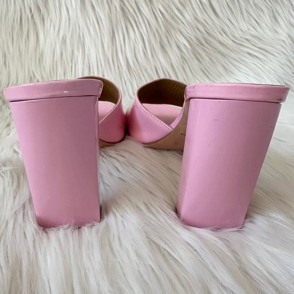 REFORMATION Georgi Block Heel Sandal Patent Leather Square Toe Mule, Pop Pink - Picture 6 of 11